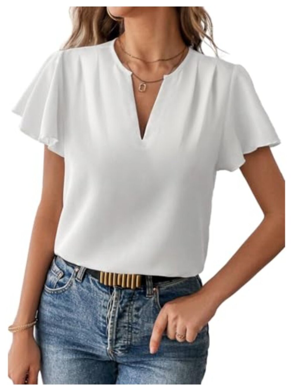 Women's Ruffle Sleeve V-Neck Blouse Chiffon Work Top